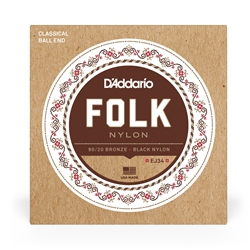 D'Addario EJ34 Normal Tension Ball End, 80/20 Bronze/Black Nylon, Folk Nylon Classical Guitar Strings